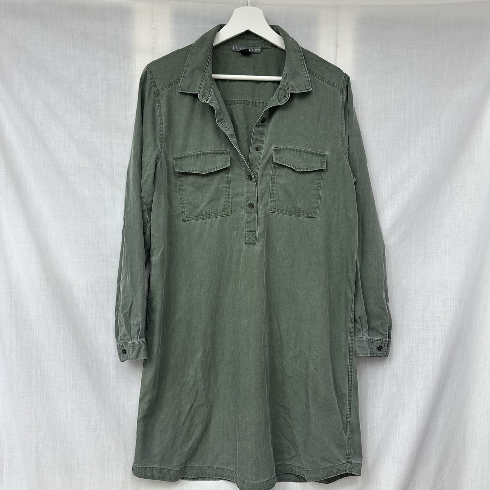 Sharagano Woman's Size L Shirt Dress Olive Army Green Distressed Grunge Soft